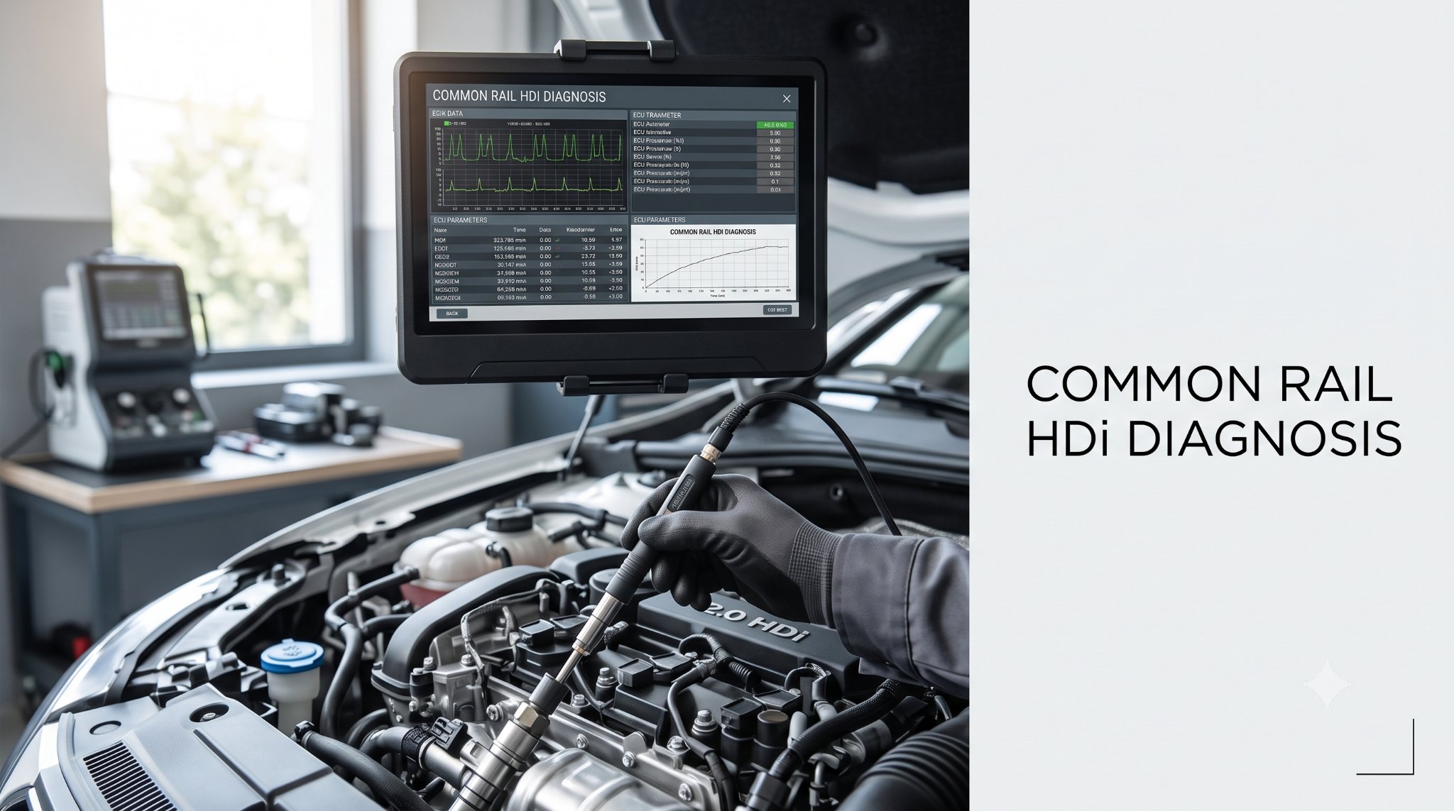 Diagnostic monitor showing ECU data for Peugeot 2.0 HDi engine.