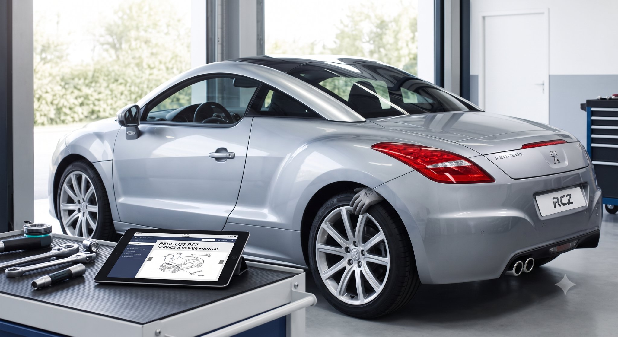 Silver Peugeot RCZ in a modern garage