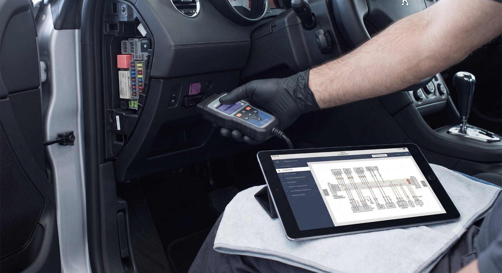Technician connecting OBD2 scanner to RCZ