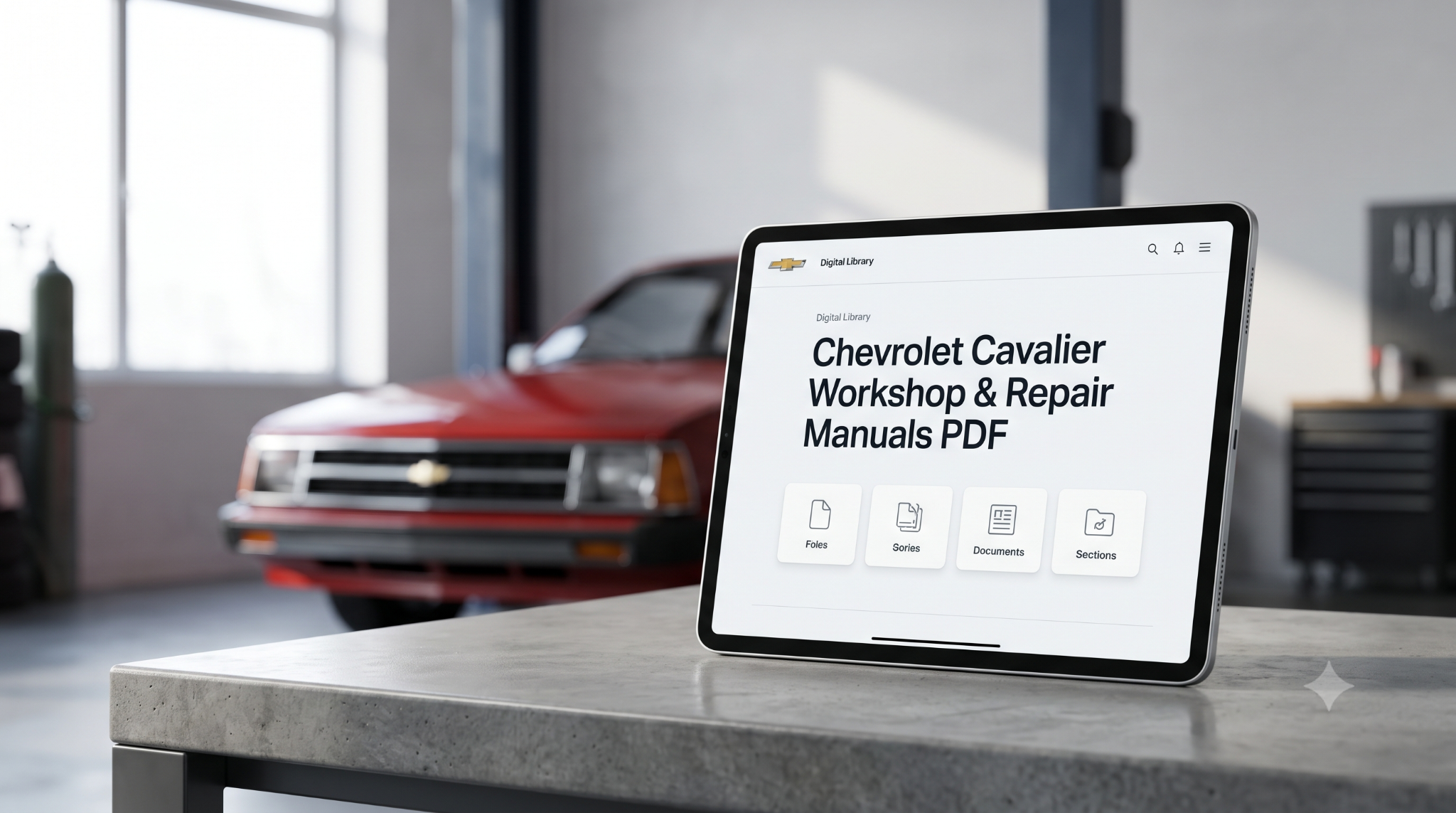 Professional tablet displaying Chevrolet Cavalier repair manual.