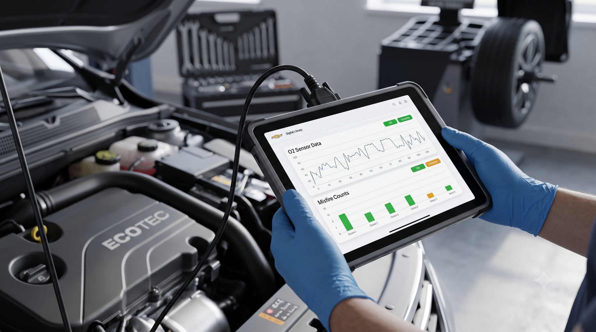 Diagnostic tablet reading Cavalier engine data.
