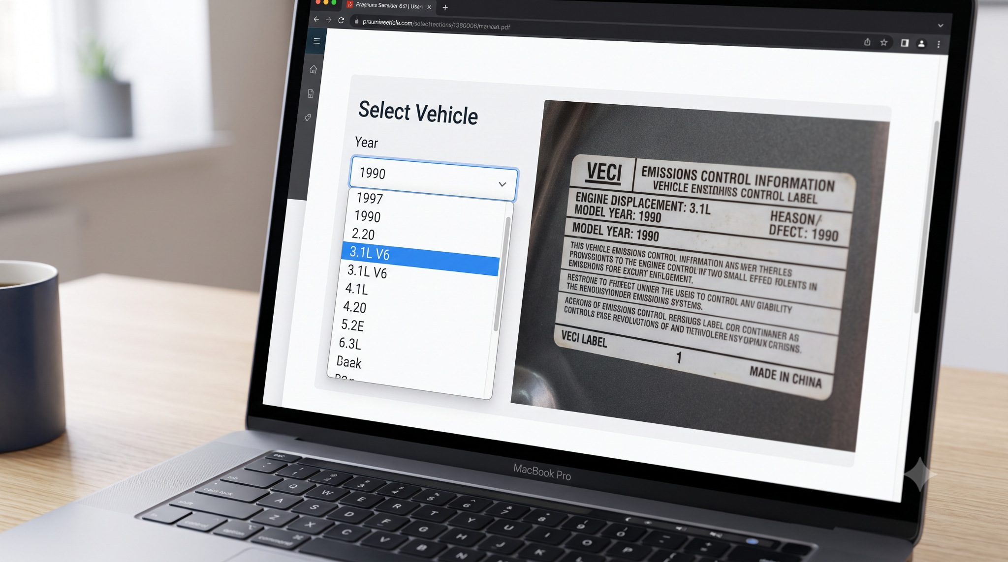 Selecting specific car manual by year and engine.