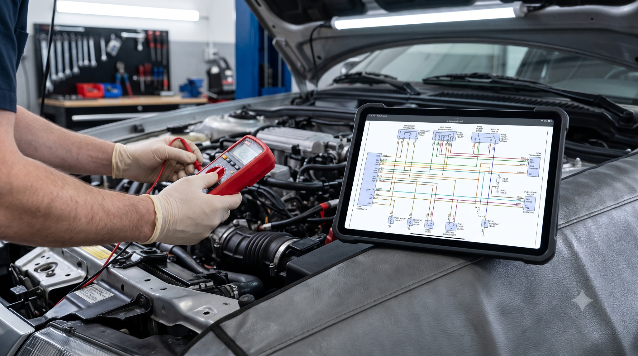 Mechanic using multimeter with digital wiring schematic.