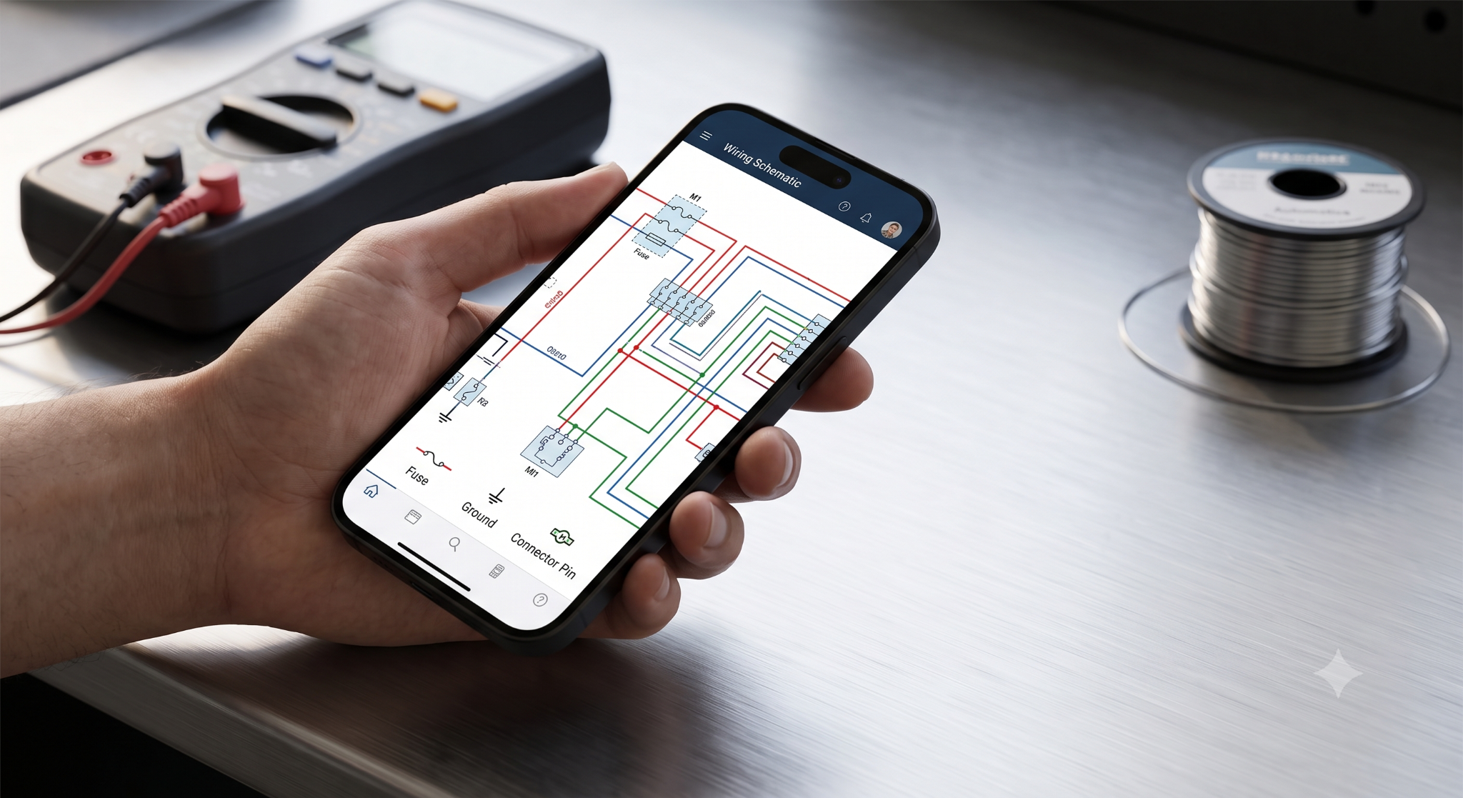 Corvette wiring schematic on smartphone with multimeter