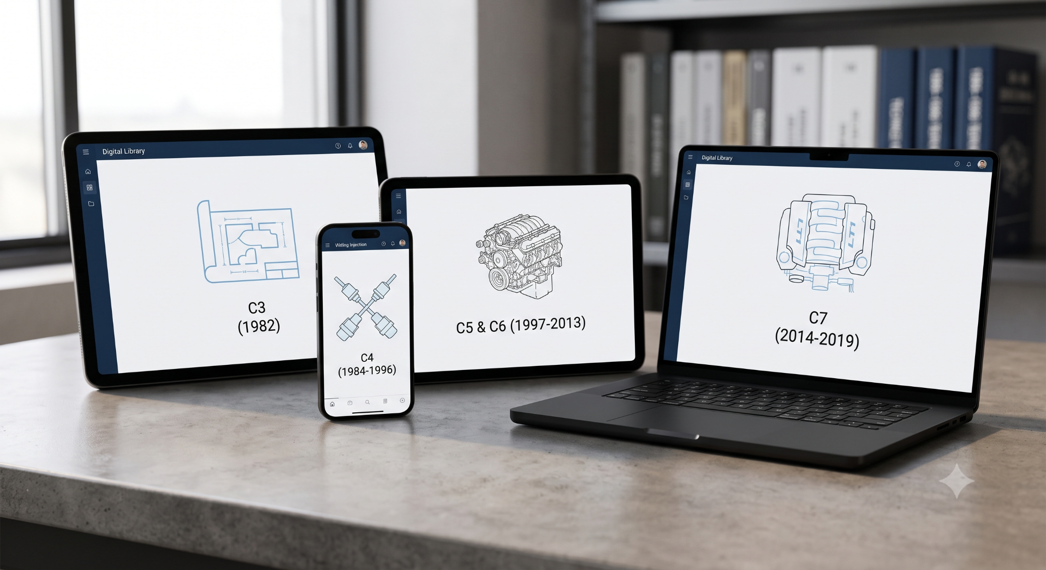 Different Corvette models displayed on digital devices